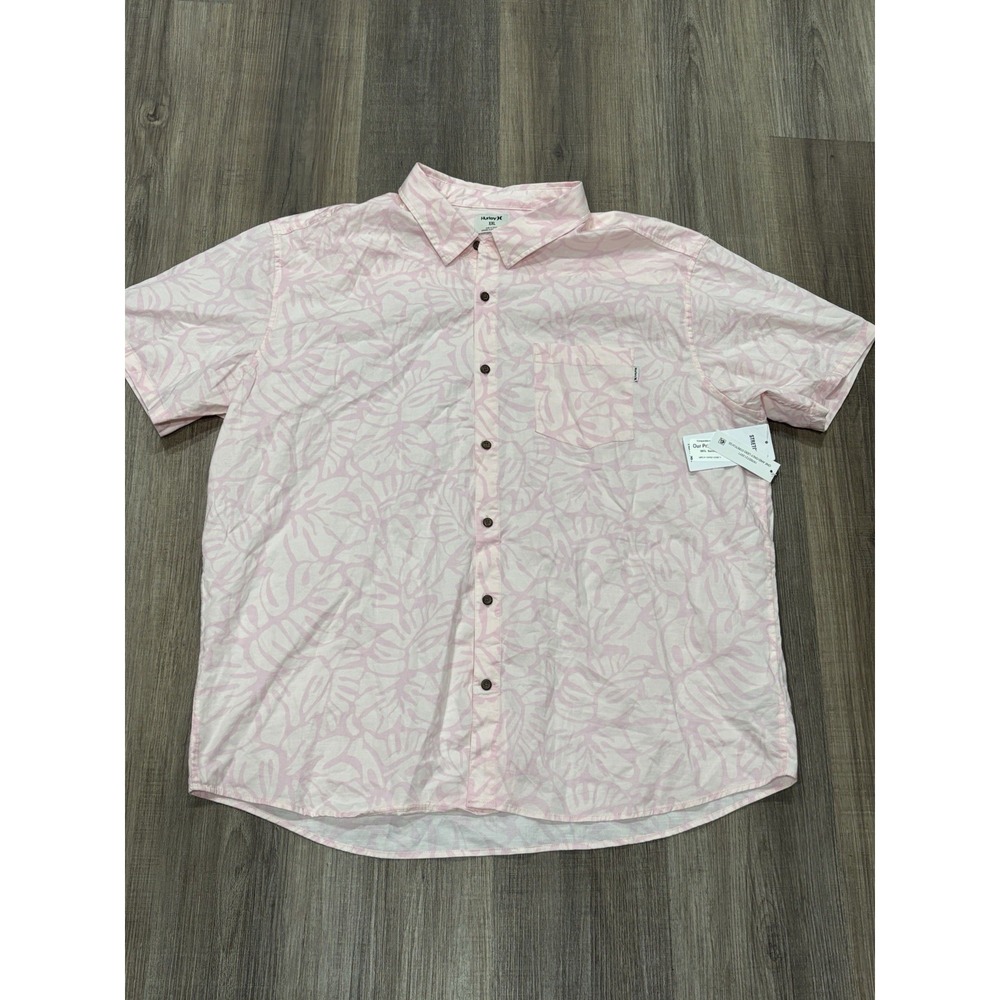 Hurley Men's Tropical Print Floral Pink Button‎ Down Short Sleeve Shirt Size XXL